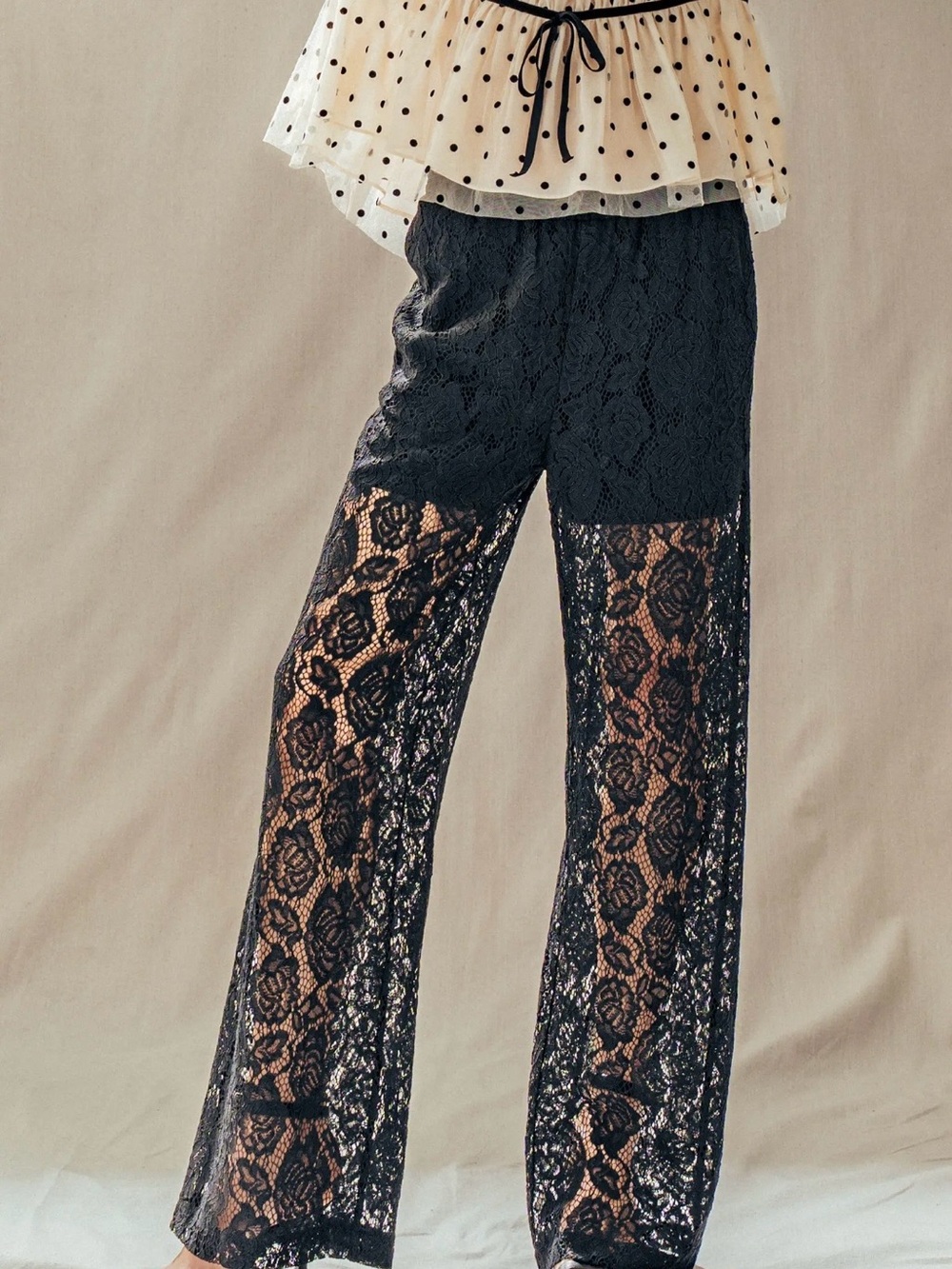039. Black Lace Wide-Leg Pants - Elegant Sheer Overlay, various sizes